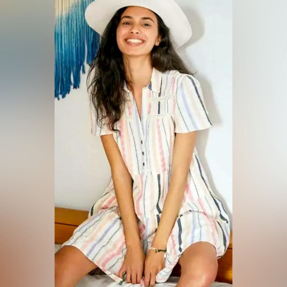 Anthropologie Georgina Tiered Cotton Striped Shirt Dress